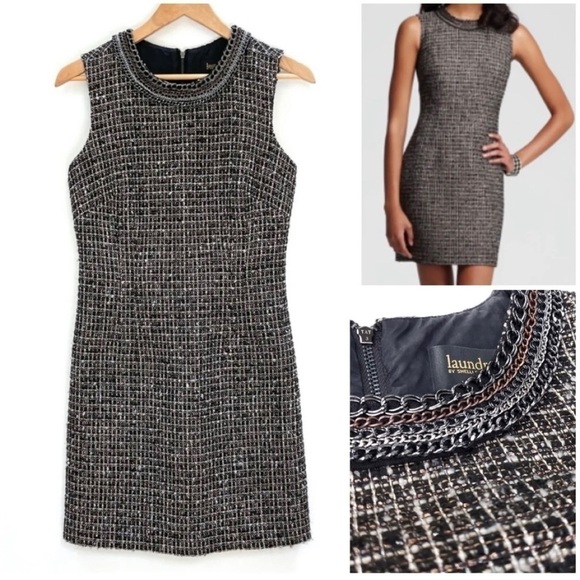 Laundry by Shelli Segal Sz 8 Black Metallic Boucle Tweed Sheath Dress Chain - Picture 1 of 12